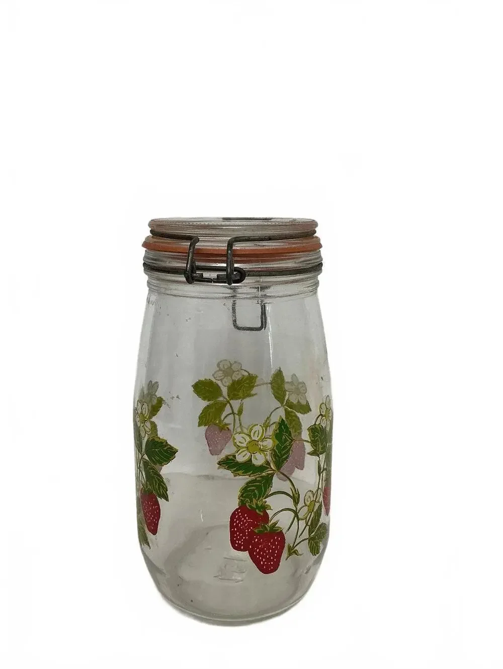 Vintage ARC France 1.5L Strawberry Glass Clamp Lid Storage Jar Kitchen Canister